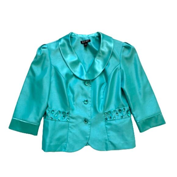 Dana Kay Blazer Jacket Dressy Formal Teal Blue Embellished 3/4 Sleeve Size 10 - Picture 7 of 12